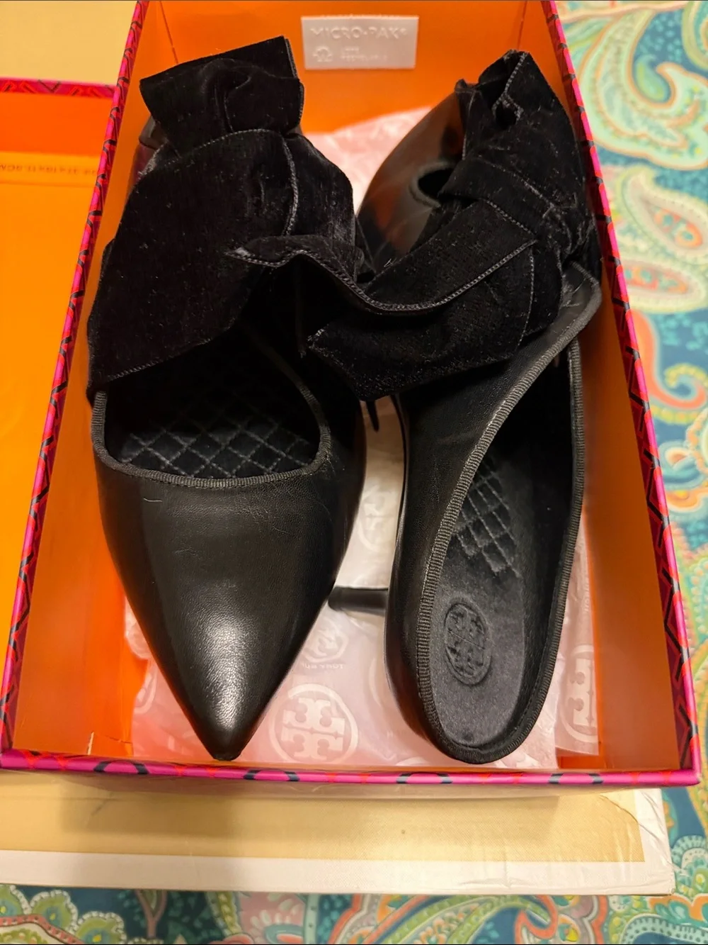 Tory Burch Black Pointed-Toe Velvet Bow Mules